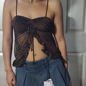 NWT Brown Black Plaid Babydoll Top Size S